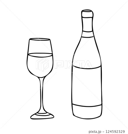 White Wine Bottle and Glass. Hand drawn Vector illustration, line art. Alcohol Beverage Glassware in Doodle style. For Bar menu, logo, cards or poster design. White Wine Bottle and Glass. Hand drawn Vector illustration, line art. Alcohol Beverage Glassware in Doodle style. For Bar menu, logo, cards or poster design. 124592329