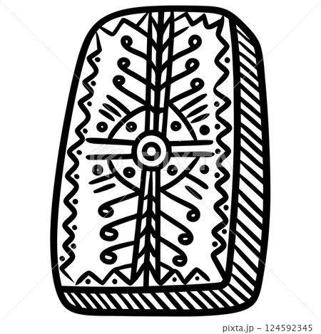 Intricate tribal shield design with geometric patterns and bold black lines, AI Generative Intricate tribal shield design with geometric patterns and bold black lines, AI Generative 124592345