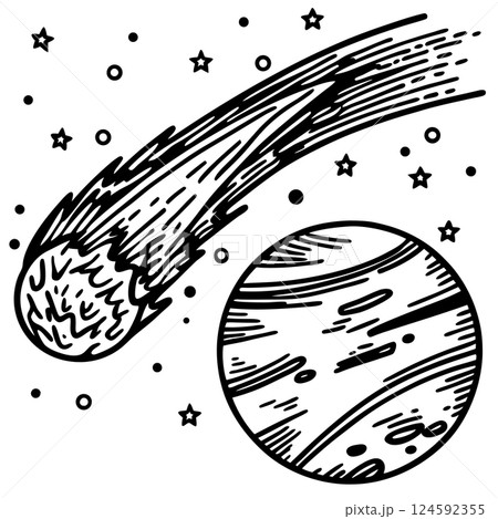 comet streaking through space near planet celestial bodies, astronomy illustration with stars, AI Generative 124592355