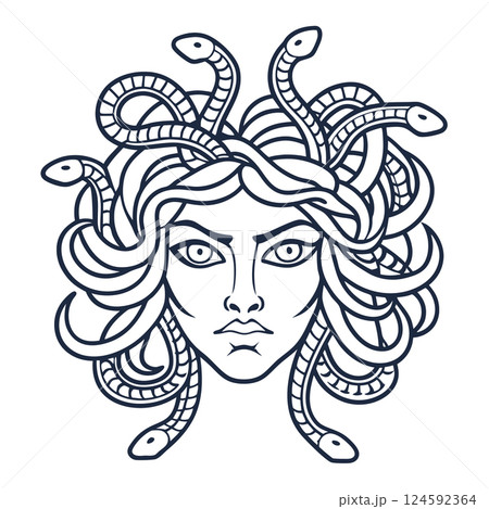 Medusa illustration with snake hair, mythological gorgon art, AI Generative 124592364