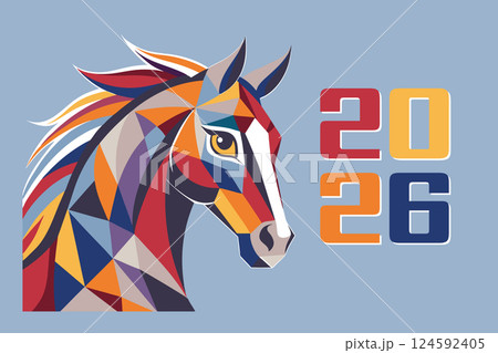 Happy New Year background with geometric polygonal silhouette of horse head. Year of the Horse. Greeting card. Illustration. 124592405