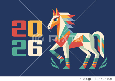 Happy New Year background with a geometric polygonal horse silhouette. Year of the Horse. Greeting card. Illustration. 124592406