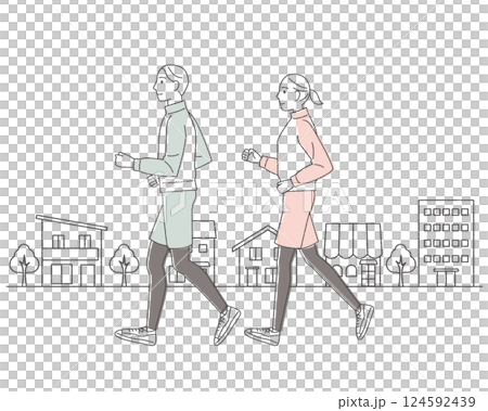Jogging man and woman couple running hand drawn style 124592439