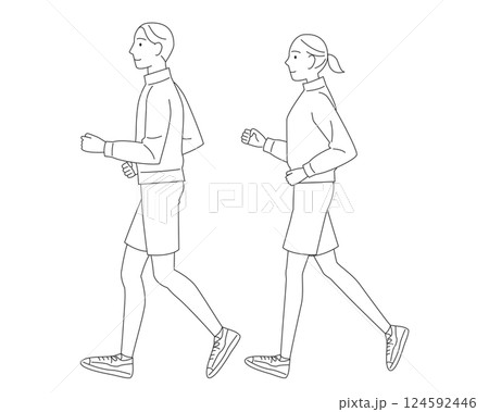 ジョギングをする男性と女性　カップル　ランニング　線画 124592446
