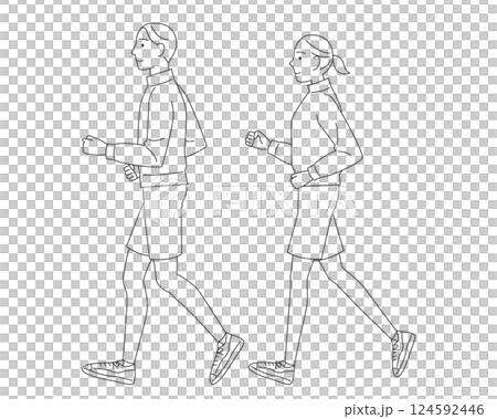 ジョギングをする男性と女性　カップル　ランニング　線画 124592446