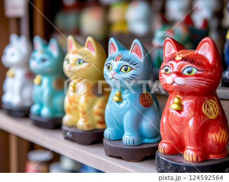Row of colorful Maneki Neko figurines. Lucky cat charms on a shelf. 124592564