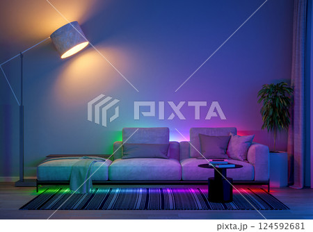 a modern living room with ambient LED lighting and comfortable furniture. 3D render a modern living room with ambient LED lighting and comfortable furniture. 3D render 124592681