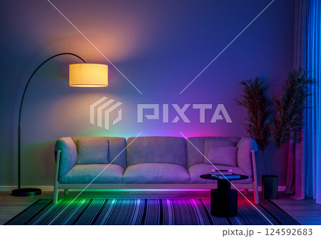 a modern living room with ambient LED lighting and comfortable furniture. 3D render 124592683