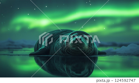 Seal resting on icy surface under northern lights in tranquil night sky 124592747