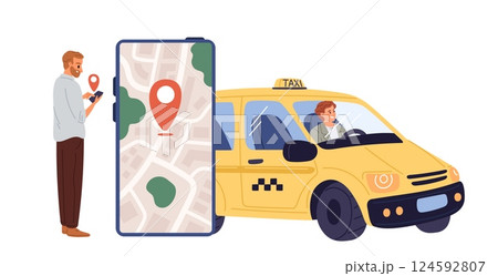 Man hails taxi using mobile app. Passenger calling car by phone. Smartphone application. City road map. Urban transport online service. Cab traffic. Driver in automobile. Vector concept 124592807