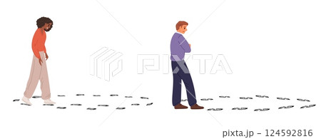 People in impasse. Man and woman going in circles. Confused person searching way. Lost girls. Guy finding path direction. Disoriented tourists wander. Chase footprints. Vector concept People in impasse. Man and woman going in circles. Confused person searching way. Lost girls. Guy finding path direction. Disoriented tourists wander. Chase footprints. Vector concept 124592816
