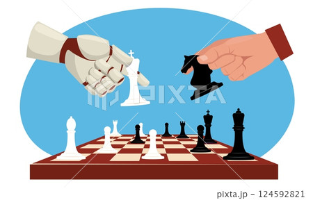 Robot and human playing chess. Artificial intelligence and people rivalry. AI technology. Hands moving figures at chessboard. Checkmate strategy. Rook and pawn pieces. Vector concept Robot and human playing chess. Artificial intelligence and people rivalry. AI technology. Hands moving figures at chessboard. Checkmate strategy. Rook and pawn pieces. Vector concept 124592821