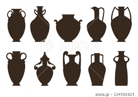 Silhouettes ancient Greek vases. Archaeological crockery. Antique ceramic vessels. Classic pot shape. Clay amphoras. Historical bottles. Urns or jugs. Old bowls. Black pottery vector set 124592825
