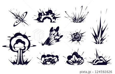 Silhouettes explosions and flashes of fire. Bomb boom. Power blasts with smoke clouds and flame. Comic detonations. Weapon attack. Magic burst shots. Vector explosive graphic effects set 124592826