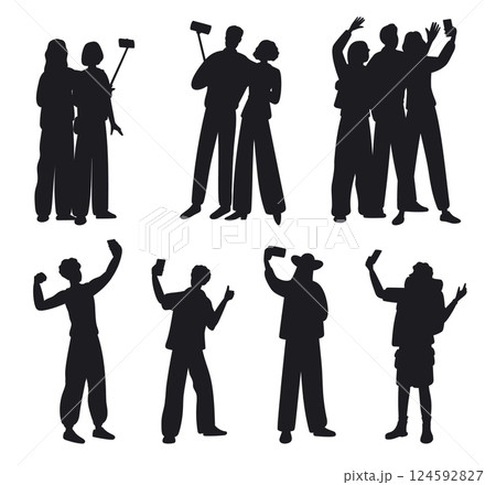 Silhouettes women and men with phones taking selfies. People shooting snapshots. Tourist making photography with phone front camera. Couple photographing together. Vector persons set Silhouettes women and men with phones taking selfies. People shooting snapshots. Tourist making photography with phone front camera. Couple photographing together. Vector persons set 124592827