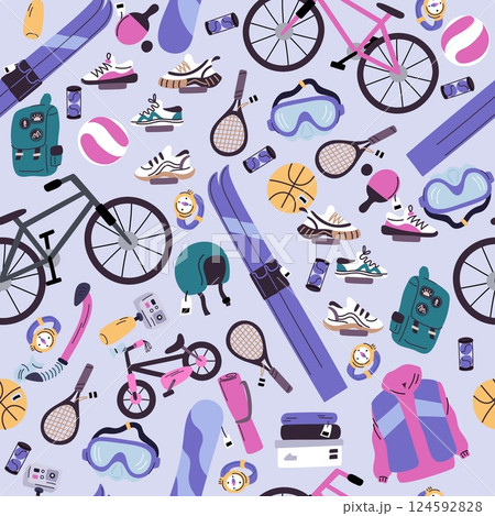 Sports equipment seamless pattern. Sportwear and sneakers. Soccer ball. Skis and snowboard. Tennis racket. Athletic bicycle. Repeated print. Snorkeling goggles. Vector sportive background Sports equipment seamless pattern. Sportwear and sneakers. Soccer ball. Skis and snowboard. Tennis racket. Athletic bicycle. Repeated print. Snorkeling goggles. Vector sportive background 124592828