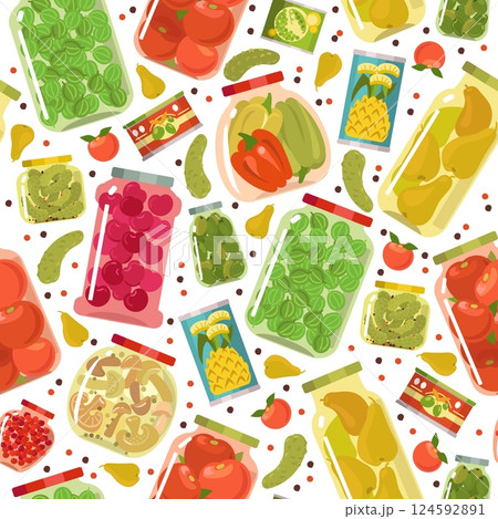 Vegetable and fruit pickles. Preserves seamless pattern. Marinated pears and cucumbers in glass jars. Cherry jam. Repeated print. Kitchen containers. Canned harvest. Vector background 124592891