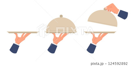 Waiter hand with tray. Open or closed lid. Catering service. Cafe staff carrying plate. Dish with cloche. Servant and butler arms. Gourmet dinner. Restaurant order platter. Vector concept 124592892