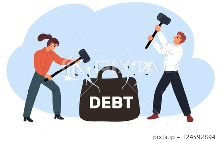 Woman and man smashing duty with hammers. Couple getting rid debt. People destroy dumbbell. Family hitting loan kettlebell with sledgehammer. Credit weight. Economy crisis. Vector concept Woman and man smashing duty with hammers. Couple getting rid debt. People destroy dumbbell. Family hitting loan kettlebell with sledgehammer. Credit weight. Economy crisis. Vector concept 124592894