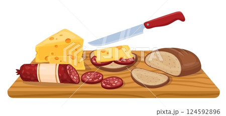 Wooden cutting board with cut products. Sandwich cooking. Slicing cheese and sausage. Bread pieces. Food preparation. Baked loaf or baguette chopping with knife. Vector culinary objects Wooden cutting board with cut products. Sandwich cooking. Slicing cheese and sausage. Bread pieces. Food preparation. Baked loaf or baguette chopping with knife. Vector culinary objects 124592896