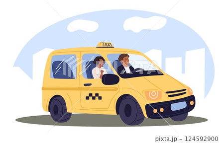 Yellow city taxi driving with passenger through city. Vehicle transportation service. Man driver and woman in automobile. Urban transport. Road traffic. Auto chauffeur. Vector concept Yellow city taxi driving with passenger through city. Vehicle transportation service. Man driver and woman in automobile. Urban transport. Road traffic. Auto chauffeur. Vector concept 124592900