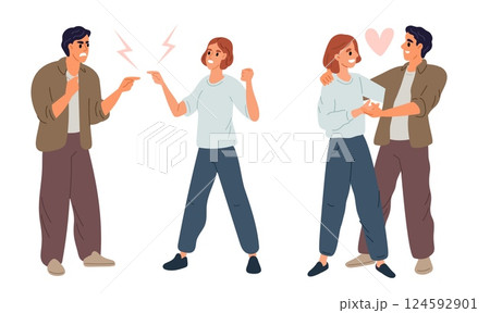 Young couple quarrel and reconcile. Friends meeting. People communication. Man and woman arguing. Lovers relationship. Conflict and reconciliation. Emotional conversation. Vector concept Young couple quarrel and reconcile. Friends meeting. People communication. Man and woman arguing. Lovers relationship. Conflict and reconciliation. Emotional conversation. Vector concept 124592901
