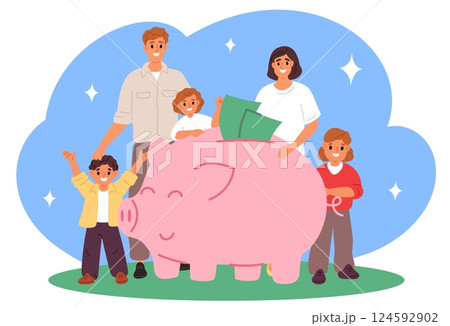 Young parents with children collects money in big piggy bank. Family savings. Wealth deposit. Budget fund. Happy people putting salary into moneybox. Successful investment. Vector concept 124592902