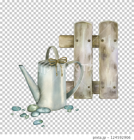 Watering can for watering flowers and garden with a bow made of twine with a fence, pebbles. Watercolor composition. All objects are hand-painted with watercolors. Suitable for printing on postcards. Watering can for watering flowers and garden with a bow made of twine with a fence, pebbles. Watercolor composition. All objects are hand-painted with watercolors. Suitable for printing on postcards. 124592906