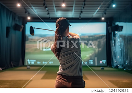 Golfer playing golf in indoor simulator Mixed media. golf simulator 124592921