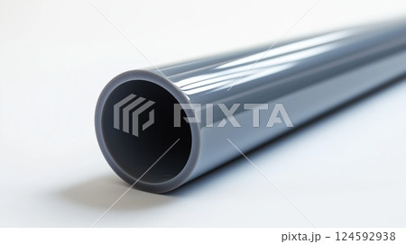 Clean gray PVC pipe lying diagonally on a light surface for construction or plumbing use 124592938