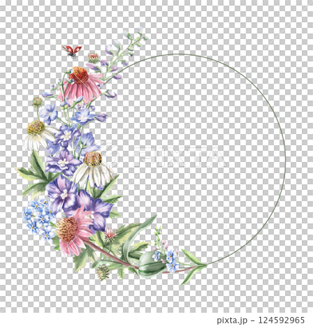 Round frame with bouquet of delphinium, echinacea and forget-me-nots. Isolated watercolor illustration of garden flowers for design of cosmetic products, printing on posters, clothes Round frame with bouquet of delphinium, echinacea and forget-me-nots. Isolated watercolor illustration of garden flowers for design of cosmetic products, printing on posters, clothes 124592965