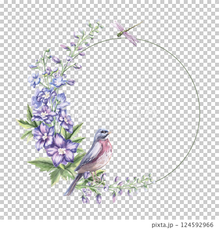 Round frame with delphinium flowers, bird and dragonflies. Isolated watercolor illustration of garden flowers for design of cosmetic products, printing on posters, clothes. 124592966