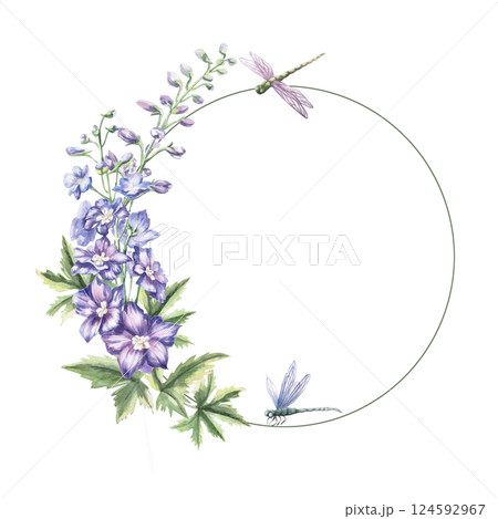 Round frame with delphinium flowers and dragonflies. Isolated watercolor illustration of garden flowers for cosmetic product design, poster printing, clothing. Round frame with delphinium flowers and dragonflies. Isolated watercolor illustration of garden flowers for cosmetic product design, poster printing, clothing. 124592967