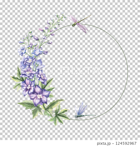 Round frame with delphinium flowers and dragonflies. Isolated watercolor illustration of garden flowers for cosmetic product design, poster printing, clothing. Round frame with delphinium flowers and dragonflies. Isolated watercolor illustration of garden flowers for cosmetic product design, poster printing, clothing. 124592967
