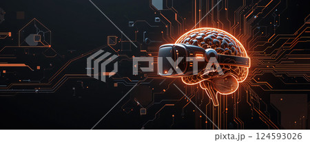 Futuristic depiction of a human brain with a virtual reality headset. 124593026