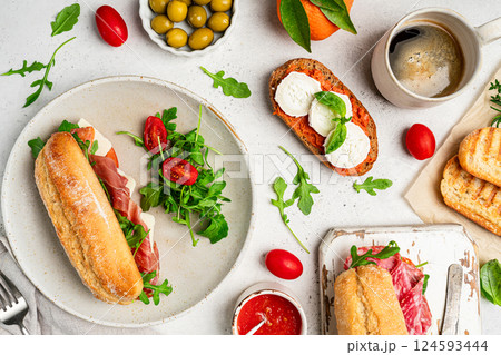Assorted delicious baguette sandwiches 124593444