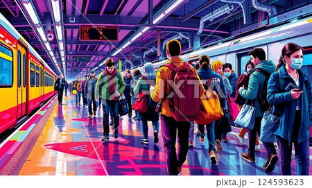乗客でごった返す駅のホームのカラフルなAIイラスト 124593623