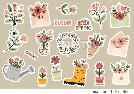 Spring stickers set in flat design. Collection labels with romantic bouquets, flowers in envelopes, vases, watering can or rubber boot, springtime blooms and blossoms, other. Vector illustration. 124593660