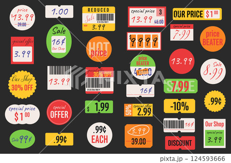 Price tags stickers set in flat design. Collection labels with shopping banners with special offers, sales coupons, product barcode for buy, price with discount percent, other. Vector illustration. Price tags stickers set in flat design. Collection labels with shopping banners with special offers, sales coupons, product barcode for buy, price with discount percent, other. Vector illustration. 124593666