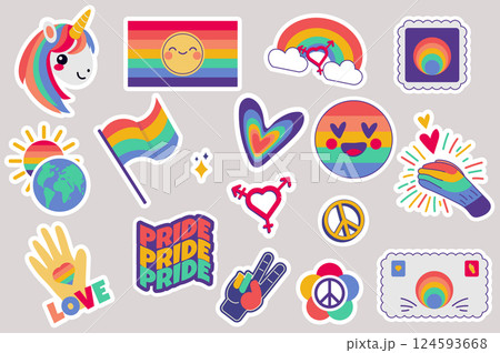 LGBT stickers set in flat design. Collection labels with rainbow colors unicorn, flags, hearts, smile emoji, diversity and equality symbols, gay and lesbian community parade. Vector illustration. 124593668