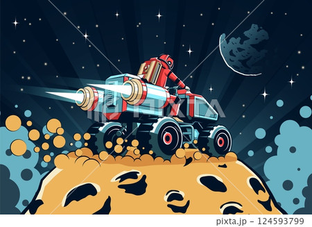 Astronaut journeys across an alien asteroid in a futuristic vehicle during a cosmic adventure 124593799