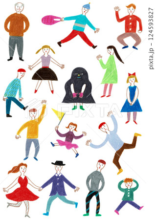 手描きイラスト　いろいろな動作をする人々のセット	 124593827