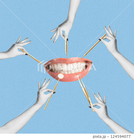 Many hands holding dentist tools in front of woman mouth Many hands holding dentist tools in front of woman mouth 124594077