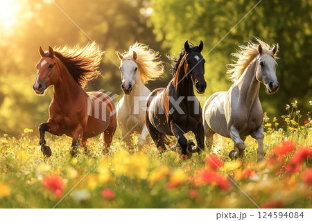 Majestic horses running through a vibrant flower field at sunset 124594084