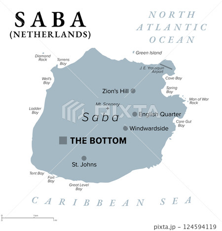 Saba, island of the Caribbean Netherlands, gray political map with capital The Bottom. Located in the northern Leeward Islands portion of West Indies. Consists largely of dormant volcano Mt. Scenery. 124594119