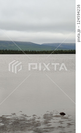 Calm lake water reflects a moody overcast sky, with a line of dense forest and distant mountains in the background. A minimalistic and tranquil nature scene evoking stillness and solitude. 124594216