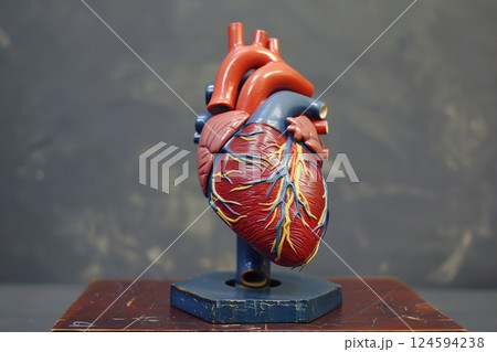 Detailed anatomical model of the human heart with arteries and veins depicted clearly 124594238