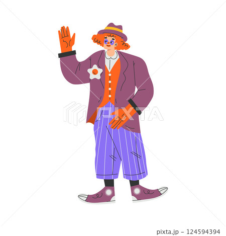 Colorful Man Clown Character with Bright Makeup and Nose Wave Hand Vector Illustration Colorful Man Clown Character with Bright Makeup and Nose Wave Hand Vector Illustration 124594394