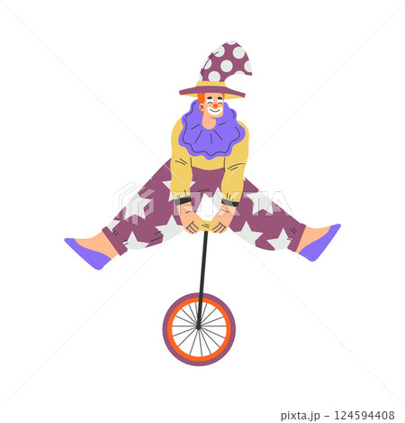 Colorful Man Clown Character with Bright Makeup and Nose Amusing with Wheel Vector Illustration Colorful Man Clown Character with Bright Makeup and Nose Amusing with Wheel Vector Illustration 124594408