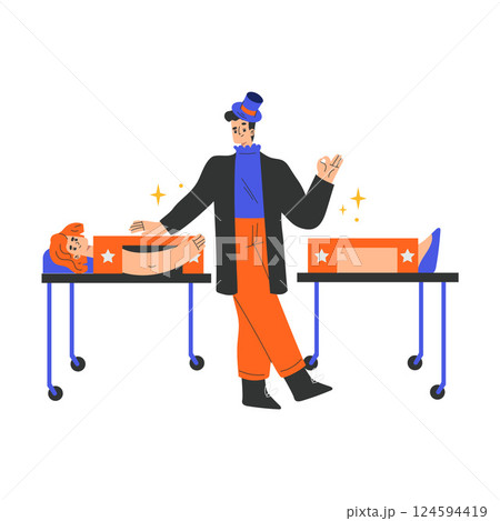 Circus Man Magician Artist and Actor Character Saw Woman Performing on Stage Vector Illustration 124594419